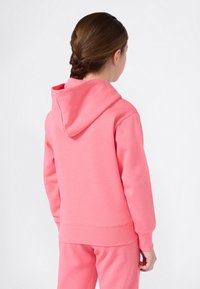 Ragazza con capelli castani intrecciati che indossa un hoodie rosa e pantaloni della tuta abbinati, di spalle contro uno sfondo bianco.