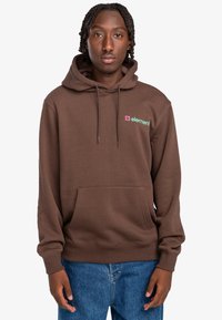 Brown hoodie with a front pocket, drawstring hood, and a graphic logo in green and pink on the left chest. Casual fit and textured fabric.