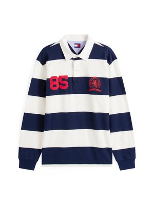 Gestreepte lange mouw polo shirt, met marineblauwe en witte strepen, kraag, rood nummer "85" en embleem op de linker borst. Katoenen materiaal.