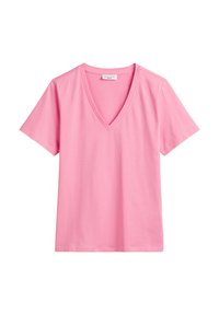 Kurzarm-V-Ausschnitt T-Shirt in leuchtendem Pink, aus weichem Baumwollmaterial gefertigt. Bietet eine lässige Passform und ein schlichtes Design.