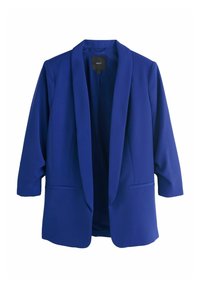 Blauwe blazer van een zachte, gestructureerde stof, met een open voorkant, ¾ mouwen en twee voorzakken. Heeft een gladde binnenvoering.