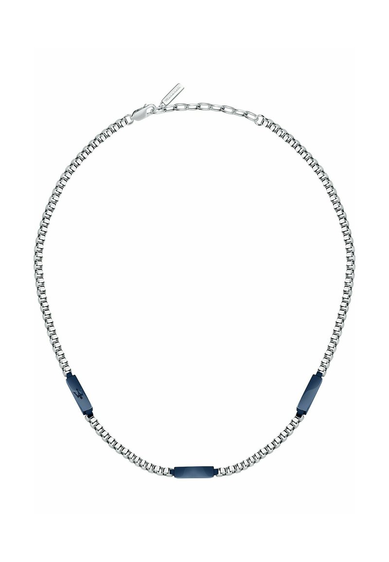 Collana in argento con accenti rettangolari di colore blu scuro, con una superficie liscia e una chiusura sicura.