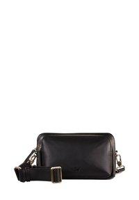 Borsa a tracolla in pelle nera con forma rettangolare, hardware dorato, chiusura con zip e tracolla regolabile.