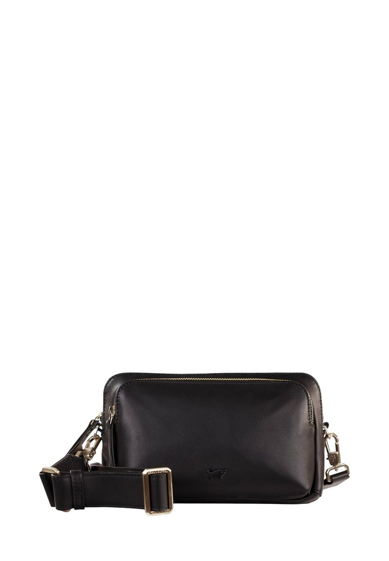 Borsa a tracolla in pelle nera con forma rettangolare, hardware dorato, chiusura con zip e tracolla regolabile.