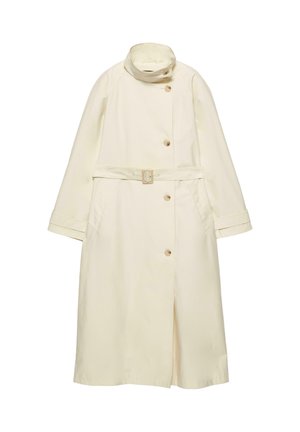 Kræmfaret trench coat i en cremet farve med høj krave, forreste knapper, beltestrop i taljen og sidelommer; glat struktur med en lige skæring.