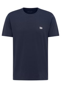 T-shirt in cotone blu navy con maniche corte, collo rotondo e un piccolo logo ricamato bianco sul petto. Tessuto liscio, design casual.