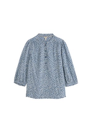 Sinine ja valge lillemustriga pika varrukaga pluus ümmarguse kraega, nööpidega esiküljel ja kergelt paistetavate varrukatega.