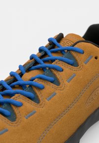 Brown suede shoe with blue laces, gray accents, and black sole. Features stitching details and a rounded toe design.