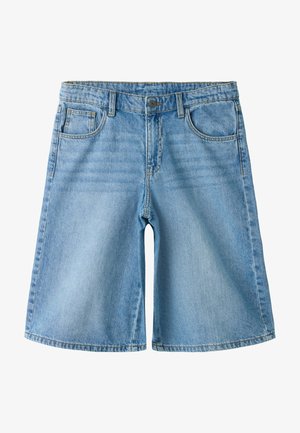 Light blue denim shorts with front button, zipper, belt loops, and three pockets, laid flat on a white background.