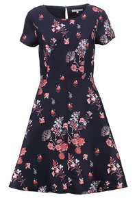 Květinové šaty s krátkým rukávem v námořnické barvě s multibarevnými květinovými vzory, kulatým výstřihem a knoflíkovým zapínáním na zadní straně.