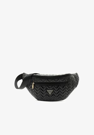 Sac banane noir en cuir synthétique matelassé avec poche zippée à l'avant et logo Guess sur le devant, sangle réglable.