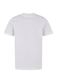 T-shirt en coton blanc avec des manches courtes et un col rond, présentant une texture lisse et un design classique. Vue arrière affichée.