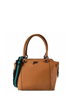 Mittelbraune Lederhandtasche mit doppelten Henkeln, schwarzem und türkis gestreiftem abnehmbarem Schulterriemen sowie kleinem schwarzem Markenlogo vorne.