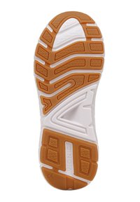 Semelle de chaussure de sport blanche présentant un design multi-texturé avec des accents orange, des rainures pour l'adhérence et un logo au centre.