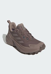 Hellbraune Wanderschuhe mit Mesh-Obermaterial, Gummisohle und GORE-TEX-Label. Ausgestattet mit drei grauen Streifen an der Seite und einer profilierten Sohle.