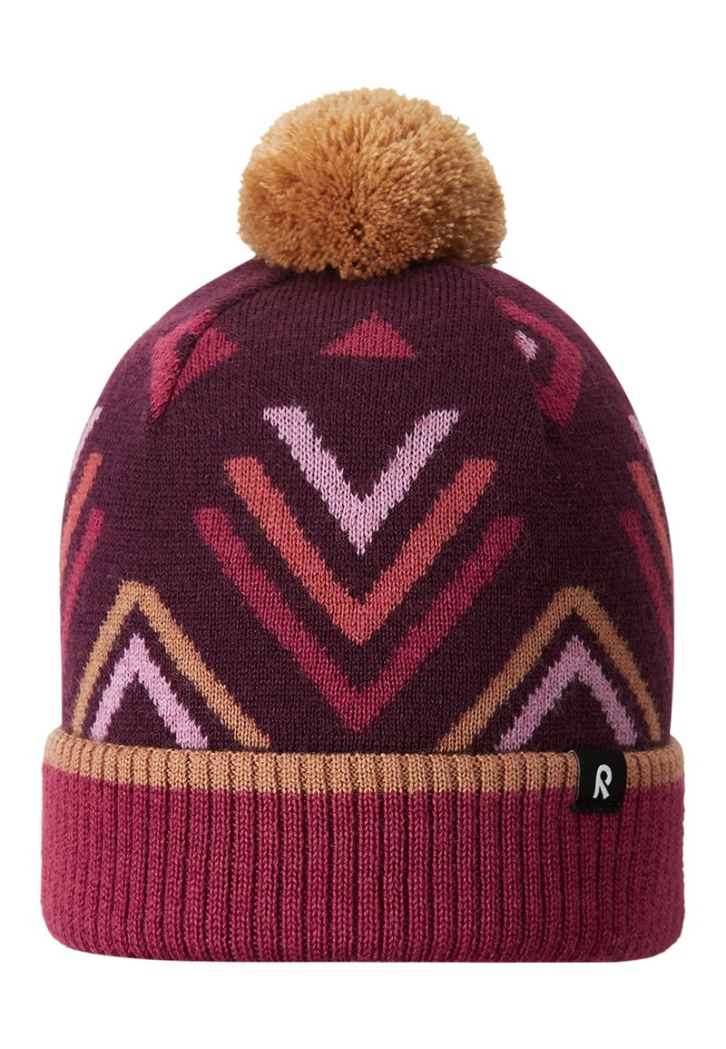 Maroon knit beanie with a textured design featuring pink and mustard zigzag patterns. Finished with a brown pom-pom atop and a ribbed cuff.