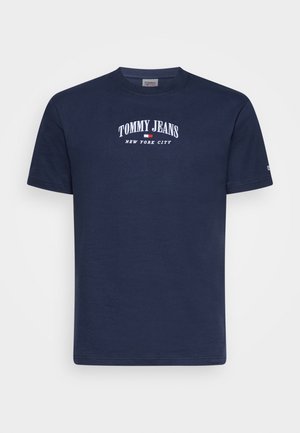 Marineblauw T-shirt met korte mouwen met de tekst ""Tommy Jeans New York City"" en een klein rood, wit en blauw logo op de borst.