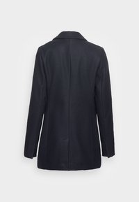 Navy blue długi płaszcz z długim rękawem i kołnierzem, zaprezentowany od tyłu na białym tle.