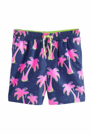 Marineblaue Badehose mit einem neonpinken Palmenmuster, ausgestattet mit einem Kordelzugbund und einer weichen Textur.