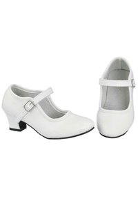 Zapatos Mary Jane blancos con punta redonda, correa con hebilla y tacón bajo. Material sintético suave con plantilla acolchada y suela negra.