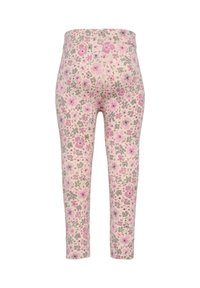 Blomster leggings i lyserød med en blanding af pink og grå blomster på en cremefarvet baggrund. Lavet af blødt, strækbart materiale med en tætsiddende pasform.