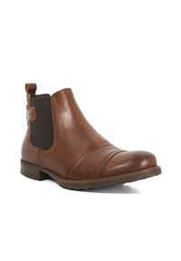 Bottine en cuir marron avec un bout arrondi, des panneaux latéraux élastiques, une petite languette et une semelle en caoutchouc texturée.