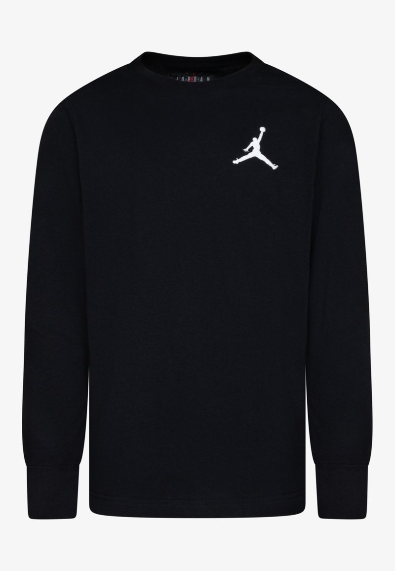 Zwarte katoenen t-shirt met lange mouwen, voorzien van een witte Jumpman-logo op de linkerkant van de borst en een klassieke ronde hals.