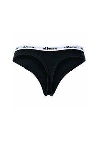 Slippini bikini neri in cotone con vita elastica bianca riportante il nome del marchio "ellesse" in lettere nere. Tessuto liscio, design minimalista.