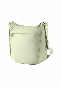 Sac épaule en nylon vert clair avec une structure douce et rembourrée, fermeture éclair, et une bandoulière ajustable texturée. Comprend une poche avant.