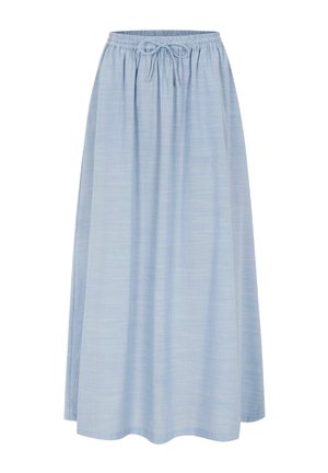 Hellblauer, langer, weiter Rock mit dezentem Karomuster und elastischem Bund mit Kordelzug.