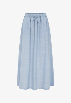 Világoskék, hosszú, laza szoknya finom kockás mintával és gumis derékkal, megkötővel.