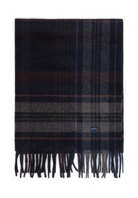 Szalik w kratę w ciemnych odcieniach granatu, szarości i brązu. Posiada frędzle na krawędziach z delikatnymi zielonymi i czerwonymi akcentami. Miękka tekstura.