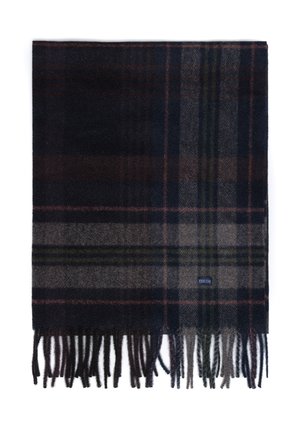 Szalik w kratę w ciemnych odcieniach granatu, szarości i brązu. Posiada frędzle na krawędziach z delikatnymi zielonymi i czerwonymi akcentami. Miękka tekstura.