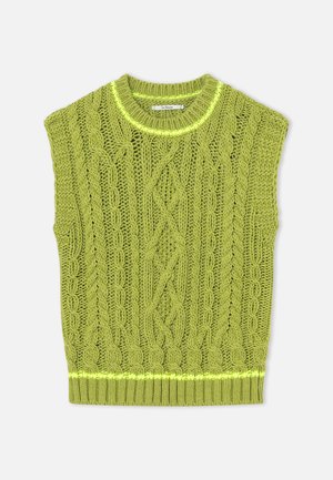 Vihreä palmikkoneulottu hihaton villapaita, jossa pyöreä pääntie ja resorireunus, aseteltuna tasaisesti valkoiselle taustalle.