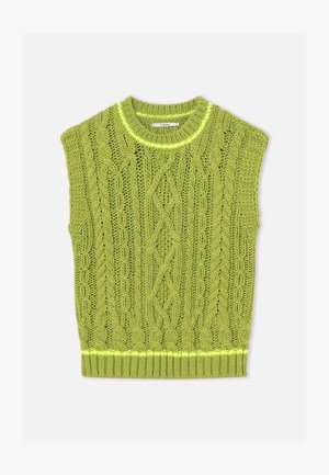 Vihreä palmikkoneulottu hihaton villapaita, jossa pyöreä pääntie ja resorireunus, aseteltuna tasaisesti valkoiselle taustalle.