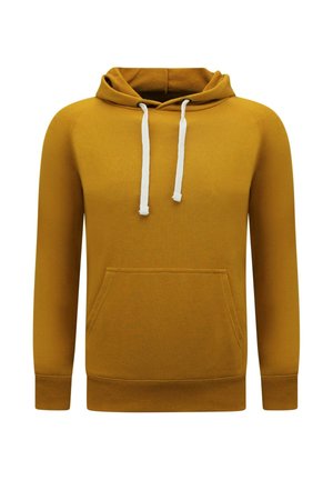 Mosterdgele hoodie met witte trekkoorden en een grote kangaroo-zak aan de voorkant, getoond tegen een eenvoudige witte achtergrond.