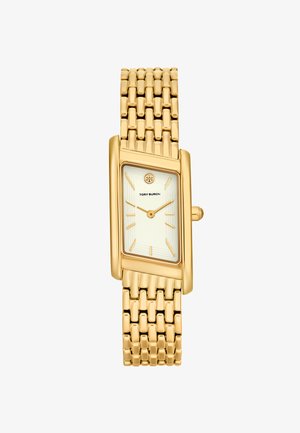Złocony prostokątny zegarek z teksturowaną kością słoniową tarczą, trzema wskazówkami i połączoną metalową bransoletą. Wyróżnia się logo Tory Burch na godzinie 12.