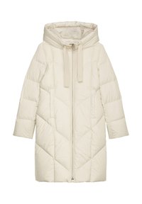 Kreemi värvi puffmantel, millel on tikandimuster, kõrge krae ja eesmine lukustus. Omab küljetaskuid ja mugavat ülemäärast disaini.