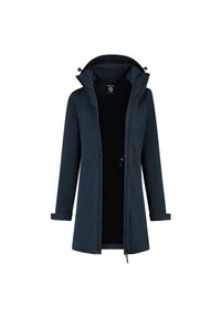 Manteau imperméable bleu marine avec un col haut, fermeture éclair intégrale à l'avant et cordon de serrage réglable. Il possède des manches longues et une texture lisse et élégante.