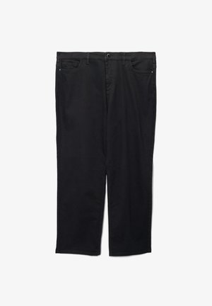 Czarne dżinsowe spodnie o prostym kroju nogawki, z zapięciem na guzik z przodu, szlufkami na pasek i dwoma przednimi kieszeniami. Gładka tekstura.