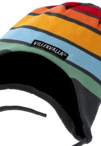 Multicolored knit hat with stripes in red, orange, blue, green, and gray. Features a logo tag and ties on the sides. Soft texture.