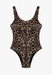 Maillot de bain une pièce à imprimé léopard avec un encolure dégagée, des bretelles larges, un dos plongeant et une coupe haute au niveau des cuisses. Le tissu semble lisse et ajusté.