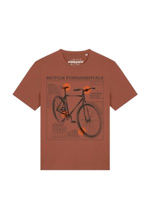 Rostbraunes T-Shirt mit einem schwarzen Fahrraddiagramm beschriftet mit "Bicycle Fundamentals", das Sattel, Lenker, Antrieb und Rad mit orangefarbenen Akzenten zeigt.