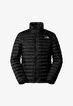 Černá péřová bunda s vysokým límcem, zipovým zapínáním a prošívanou strukturou. Obsahuje logo na levé části hrudi. Lehký a izolační design.