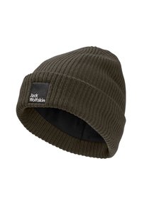 Cappello beanie di colore verde oliva scuro, con texture a costine, interno nero e un'etichetta quadrata nera con la scritta "Jack Wolfskin" sul davanti.