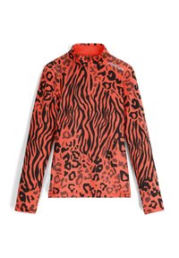 Maglia atletica a maniche lunghe di colore arancione brillante con motivo maculato nero, colletto alto e chiusura con zip sul colletto.
