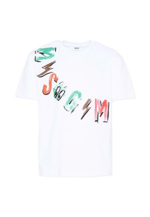 Biała koszulka z krótkim rękawem z kolorowymi, abstrakcyjnymi literami namalowanymi pociągnięciami pędzla, które na ukos tworzą napis "MSGM" na przodzie.