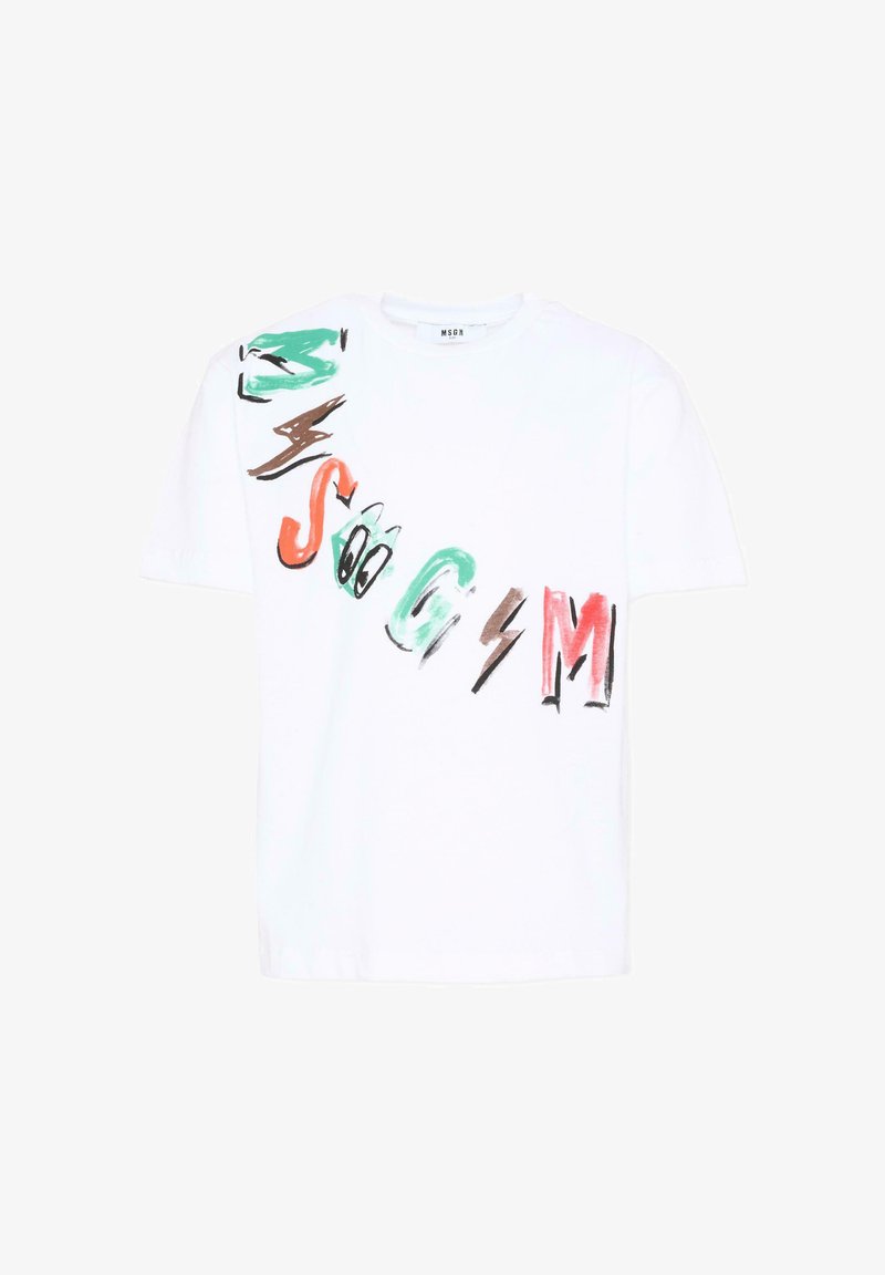 T-shirt blanc à manches courtes avec des lettres colorées en coups de pinceau abstraits formant "MSGM" en diagonale sur le devant.