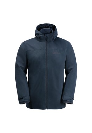 Veste imperméable bleu marine avec fermeture éclair à l'avant, capuche attachée et poignets réglables. Présente un logo sur la poitrine et une texture lisse.
