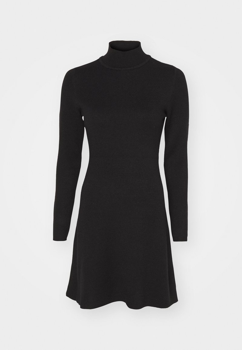 Schwarz, langärmliges Turtleneck-Kleid mit eng anliegendem Oberteil und weitem Rock. Hergestellt aus einem weichen, strukturierten Stoff, der eine glatte, einheitliche Farbe aufweist.